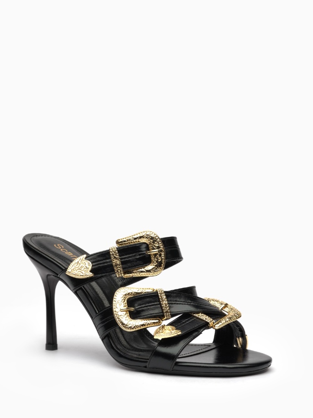 Briglia Leather Mules: Engraved Gold Buckles, 95mm Stiletto Heel